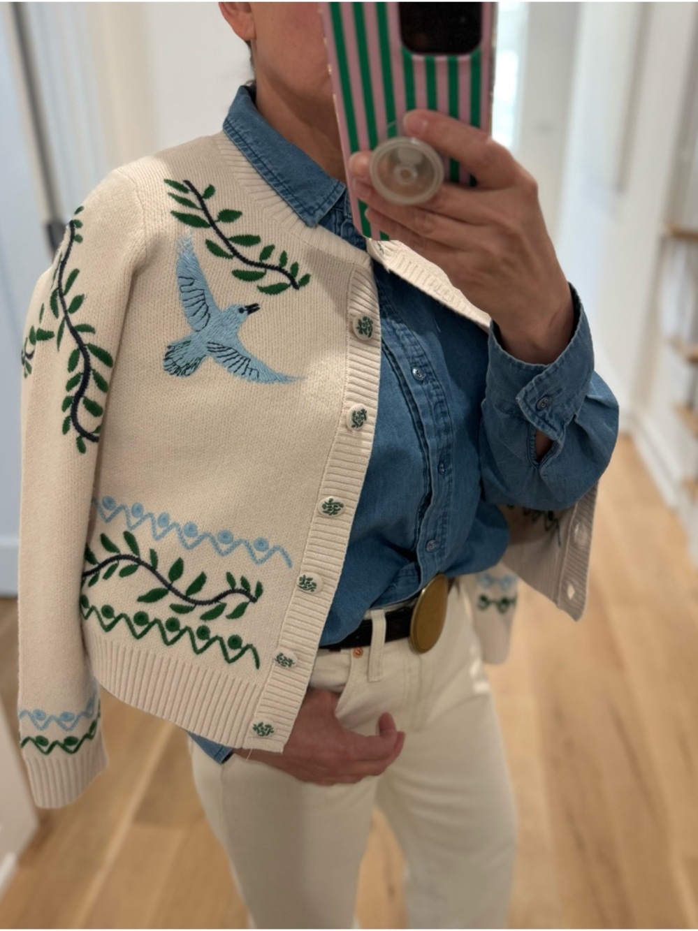 Cynthia Rowley Cream Cardigan with Blue Bird & Green Vine Embroidery